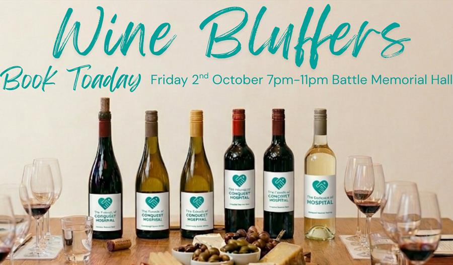 Wine Buffers event poster featuring wine bottles, glasses, cheese and olives on a table.