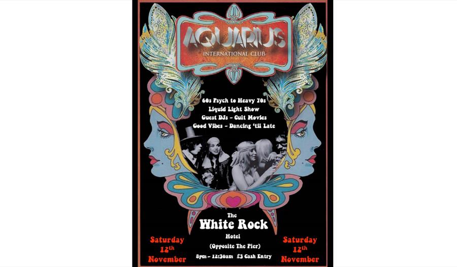 poster with psychedelic 60s patterns and black background. Text in description.