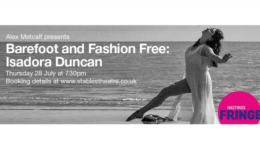 poster for barefoot and fashion free showing lady in white flowing dress leaping on sandy beach with sea in the background.