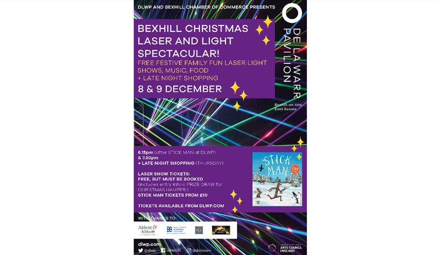 A poster for Bexhill Christmas Laser and Lights Spectacular. Text on purple background with same information as main description.