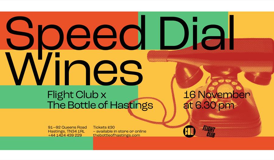 poster for wine event. Red, orange and green block colours in the background and picture of vintage telephone. Title says Speed Dial Wines. Rest of te