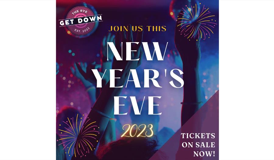 Blue and purple poster with hands in the air and fireworks for New Years Eve at the Brewery Yard Club Rye