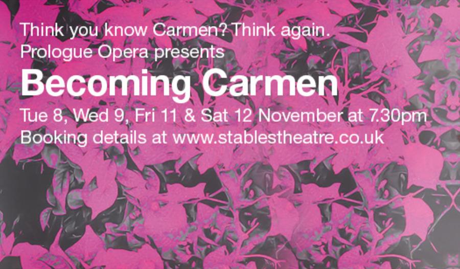 becoming carmen poster. text poster with same text as in description. Background is pink leaves.