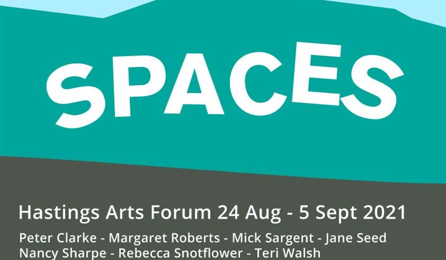 a blue poster with font saying 'changing spaces' for exhibition at hastings arts forum.