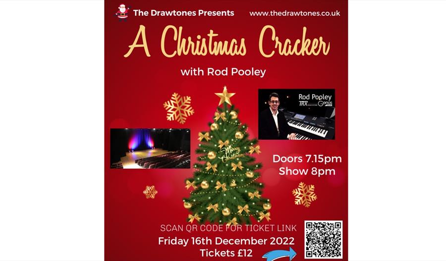 red poster wit graphic of christmas tree in the centre and two photographs added, one of a man next to a keyboard, the other of a stage. Title reads "
