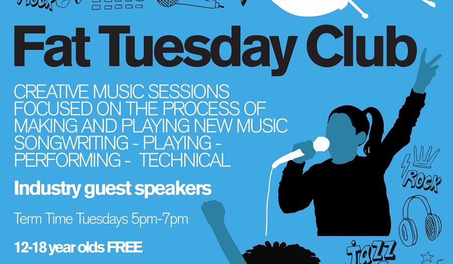 A blue poster with an outline of a girl with a microphone. Text says Fat Tuesday Club.