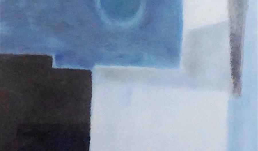 Poster for exhibition. Shows abstract painting with block colours of blues, greys and black.