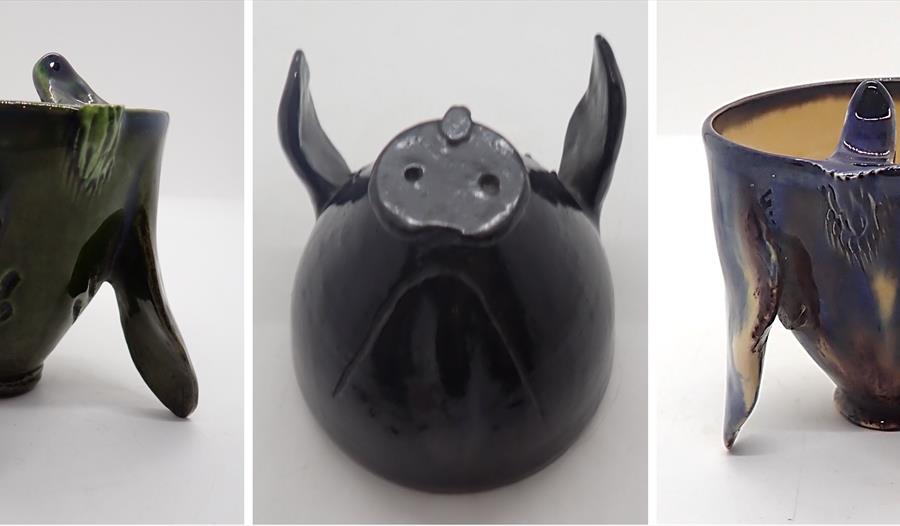 triptych photograph of ceramic pot in shape of a pig