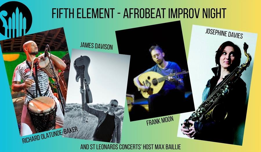 Poster for “Fifth Element – Afrobeat Improv Night” featuring musicians with drums, bass, oud and saxophone portraits.