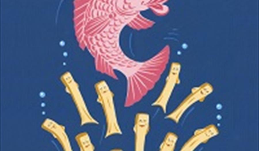 cartoon of fish wearing chefs hat and swimming chips