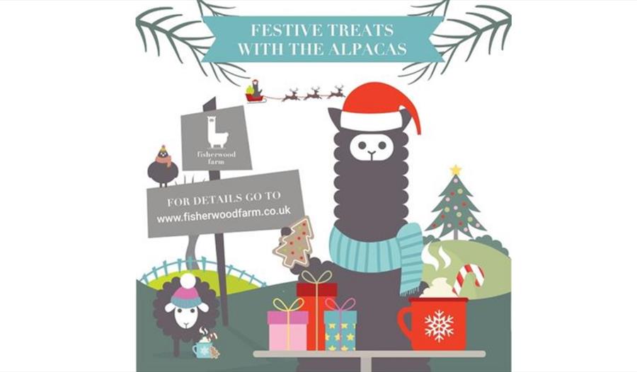 A poster with a cartoon alpaca dressed for christmas. Text at top reads Festive treats with the alpacas.