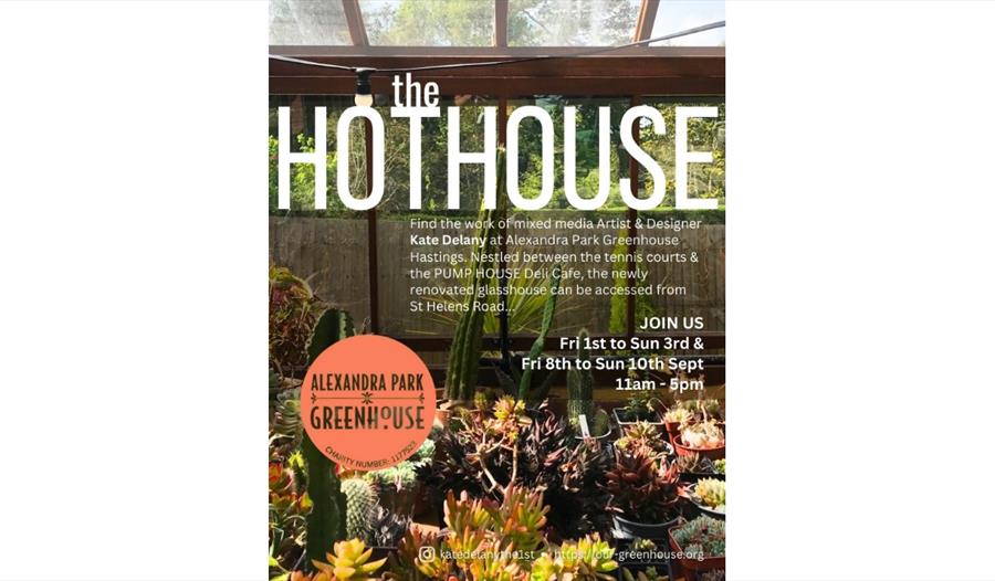 poster for hothouse. Show greenhouse with cacti.