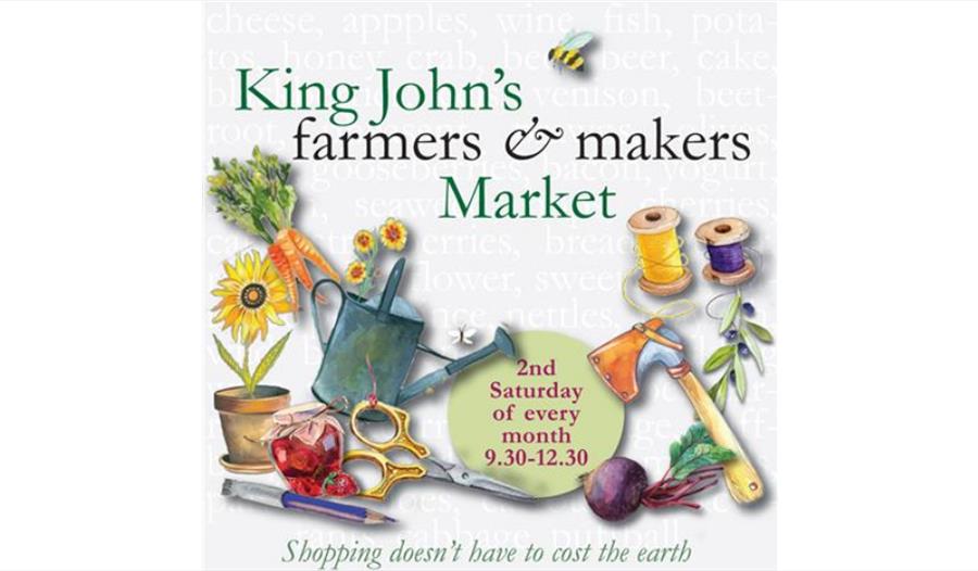 poster showing illustrations of watercan, scissors, flowers and vegetables. text says king john's farmers and makers market.