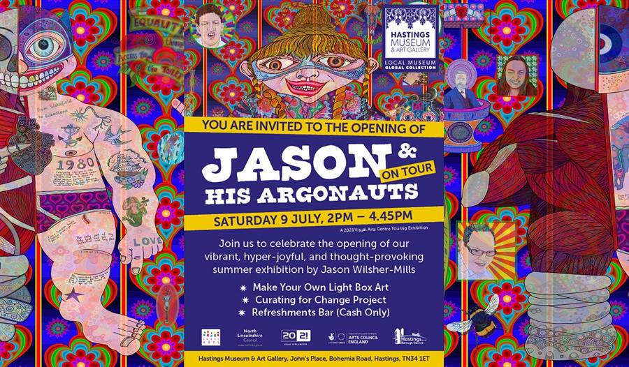 poster for jason and his argonauts exhibition with colour illustrations and text repeated in description.