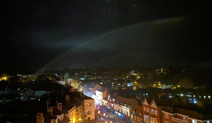 a photograph of battle high street at night, taken from a high rooftop angle.