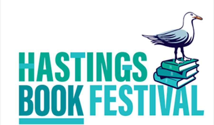 poster for hastings book festival with blue text and illustration of seagull standing on a stack of books.