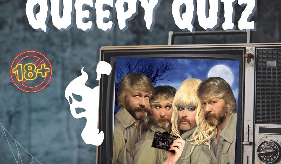 Poster for Mr Ted's Queepy Quiz. Shows cartoon ghost and four people within tv screen.