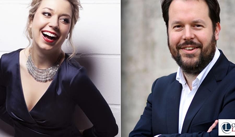 two photographs of musican. Woman on the  left in large necklace and blue dress. Man in blue suit.