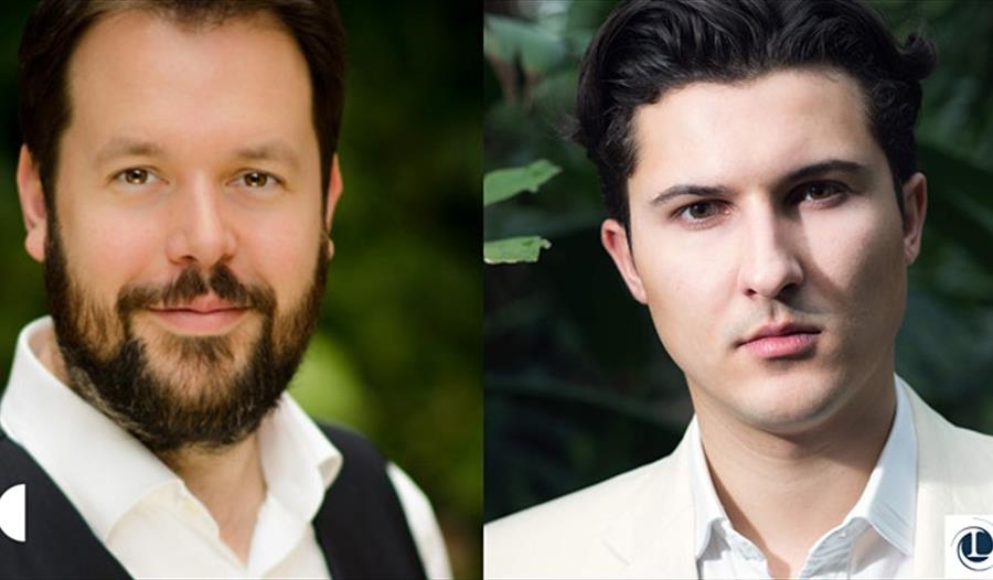 two photographs, headshots of male musicians, shirt collars visible.