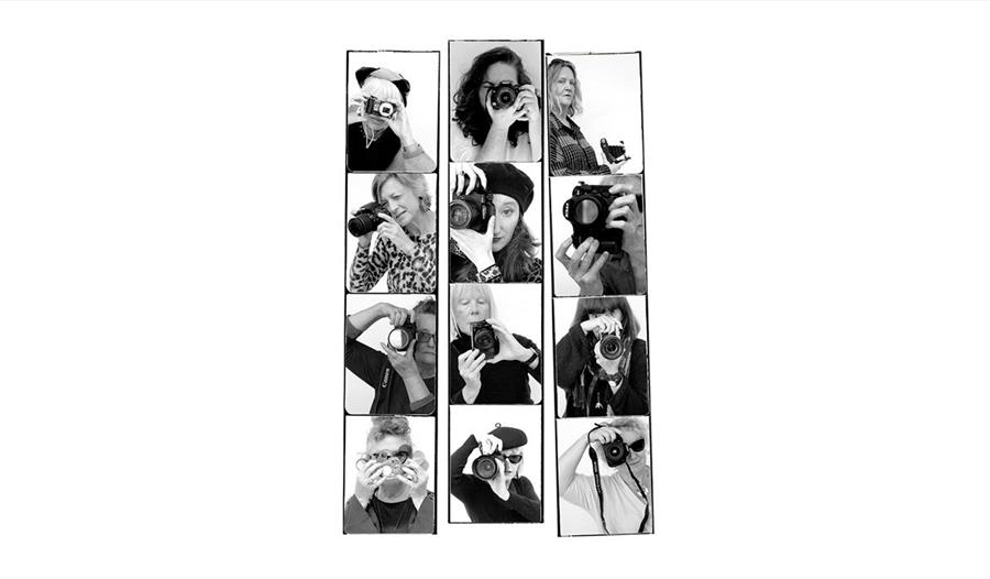 a composite image showing several women photographers holding cameras.