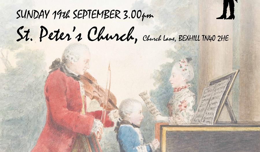 a poster for the sussex concert orchestra's september soiree. Offers same text as event listing. Background shows 18th centure print of family playing