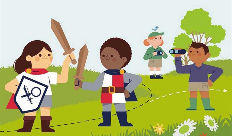 an illustrated graphic of children on grass playing with swords, one holds a shield and the other wears a cloak. In the background are two other peopl