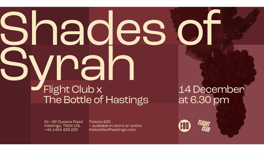 burgundy colour poster with grapes in the background. Title says 'Shades of Syrah'. Text in description.