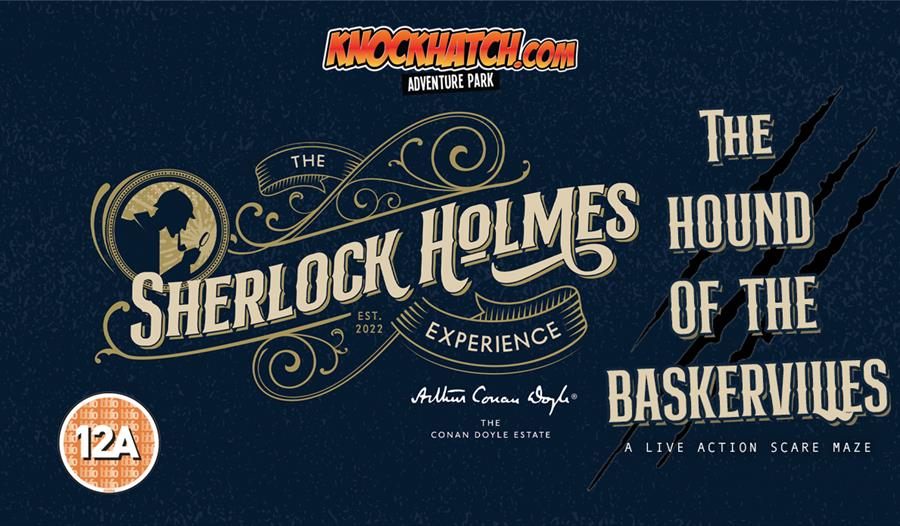 poster for with sherlock holmes in cursive writing against blue background.