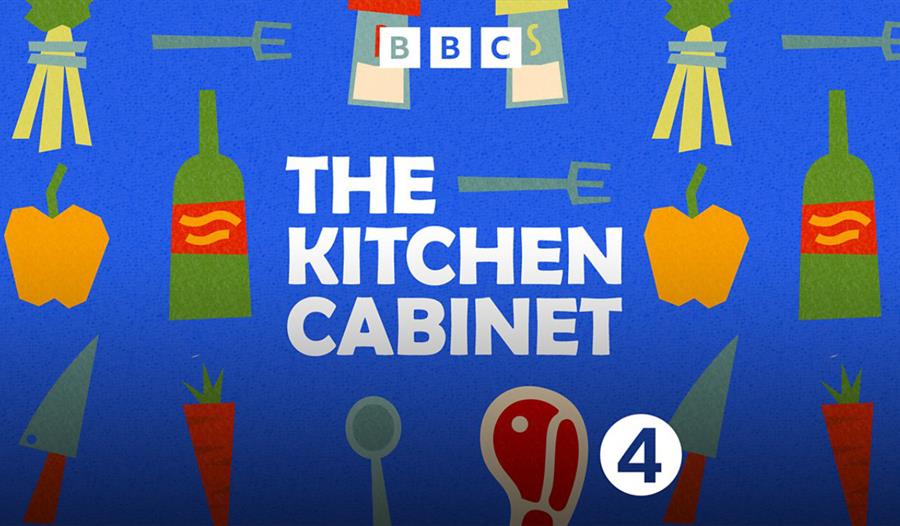 Image description: text reads 'BBC - The Kitchen Cabinet' with the logo for BBC Radio 4. The background is a  bright blue with animations of a pepper,