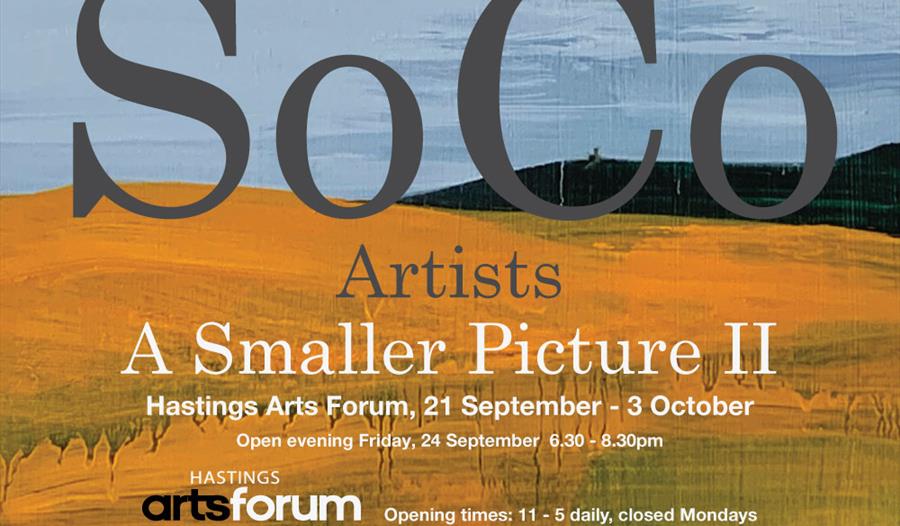 a landscape format poster with text over brushstroke background, bottom half orange, top half blue. Text says SoCo Artists,  a smaller picture 2, at H