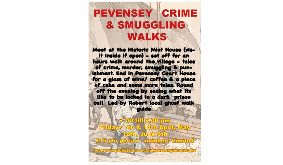 Poster full of text. This is repeated in the main description. In the background is a sketch of smugglers lifting cargo off a wooden boat.