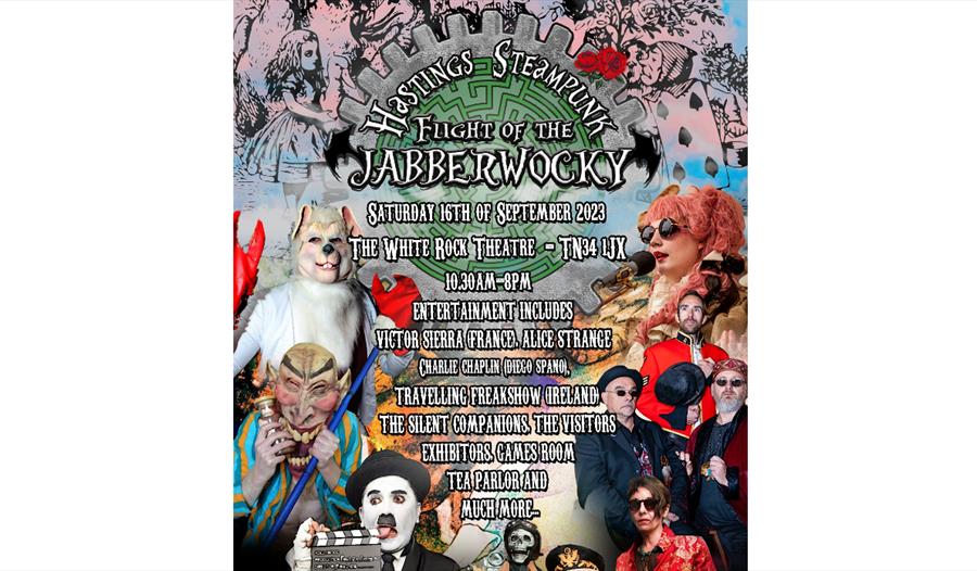 Collage poster for steampunk festival. Text in main description.