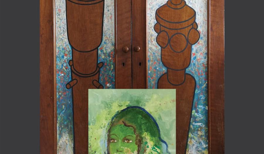 poster for Hastings Arts Forum exhibition. Shows painted wardrobe doors sand painting of a green woman.