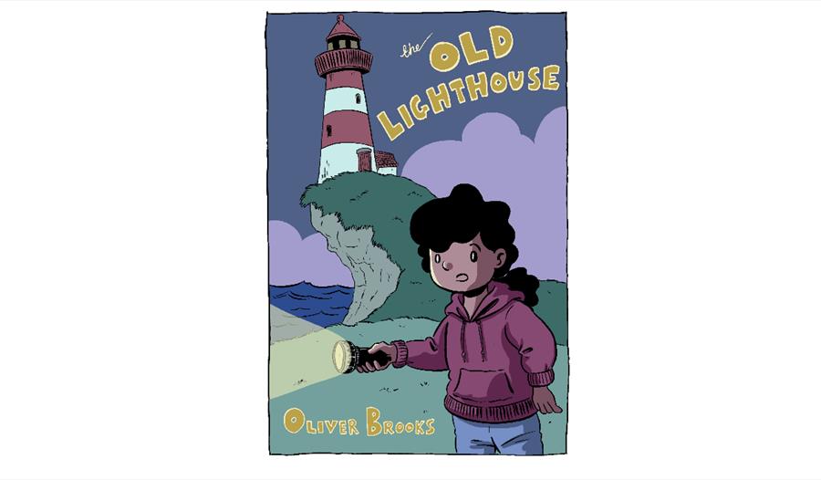cartoon illustration with girl wearing hoodie holding a torch, with a lighthouse in the background. Text title says The Old Lighthouse.