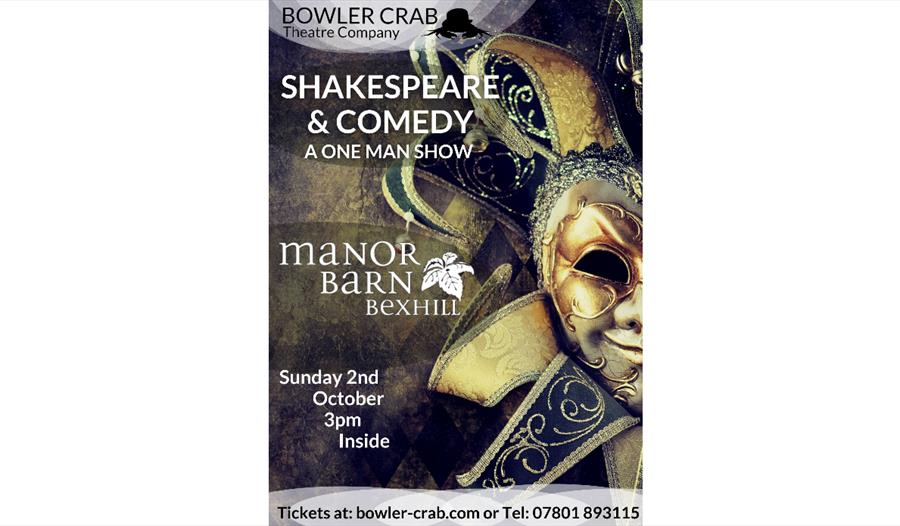 poster for shakespeare and comedy at manor barn bexhill. shows photograph of jesters mask.