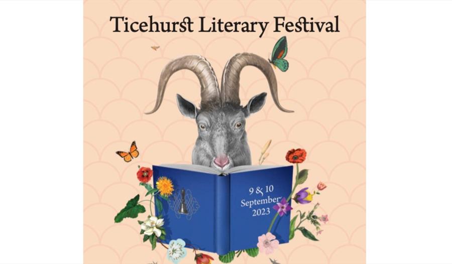 Poster for Ticehurst Literary Festival. Shows an illustration of a ram reading a book.