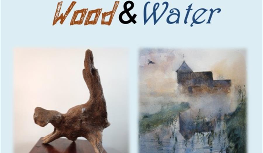 poster featuring driftwood sculpture and watercolour of a church with title wood and water