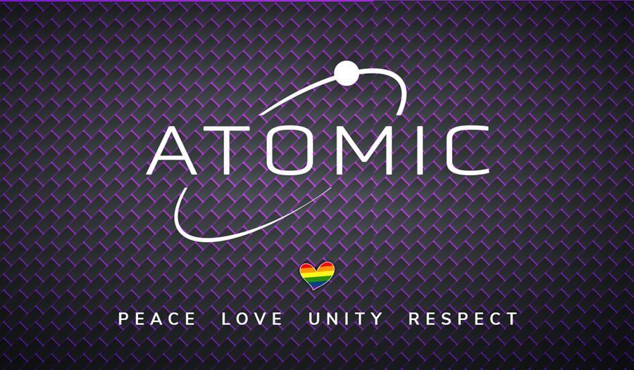 Bluish poster with the logo 'Atomic' in white, with an orbiting planet motif. At the bottom of the poster is a rainbow heart above four words: Peace,