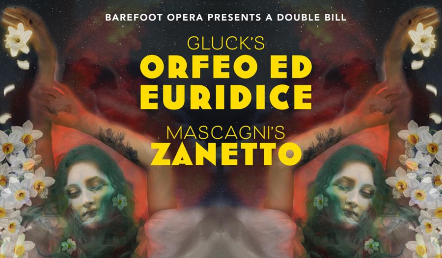 A poster for a double-bill opera performance in St Leonards by Barefoot Opera. Yellow text on a painted backgroun with white flowers and a woman's fac