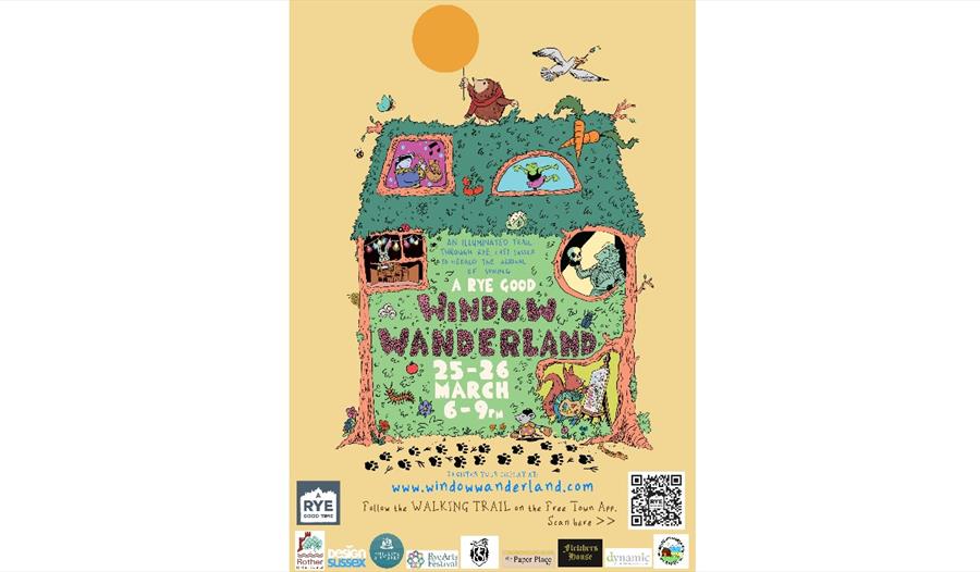 yellow poster with illustration of a house made of trees.