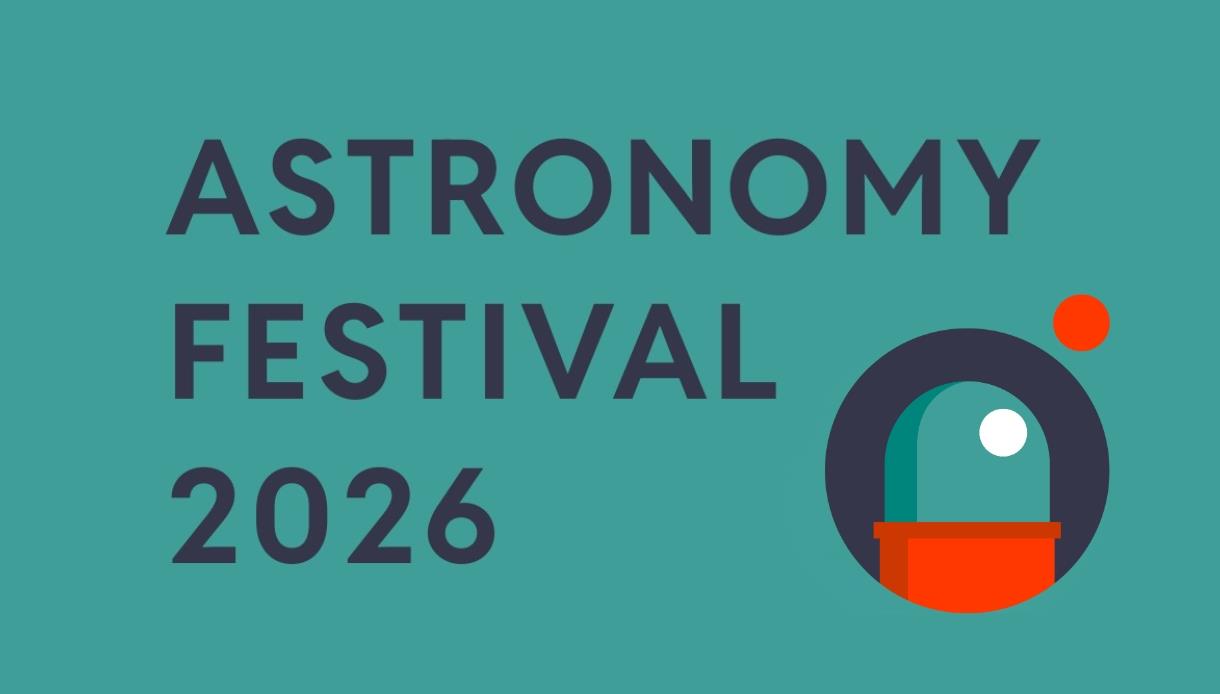 Graphic reading “Astronomy Festival 2026” on a teal background with a simple telescope icon.
