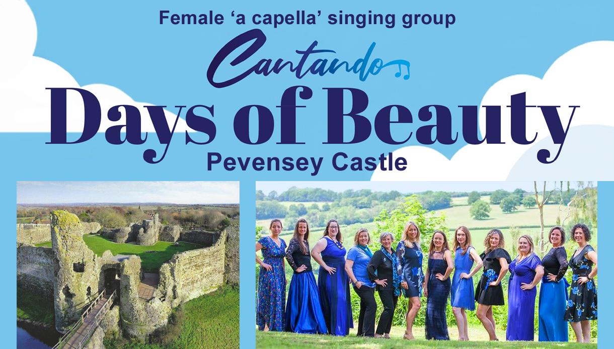 Promotional poster for Cantando singing group performing Days of Beauty at Pevensey Castle, with castle and choir images.