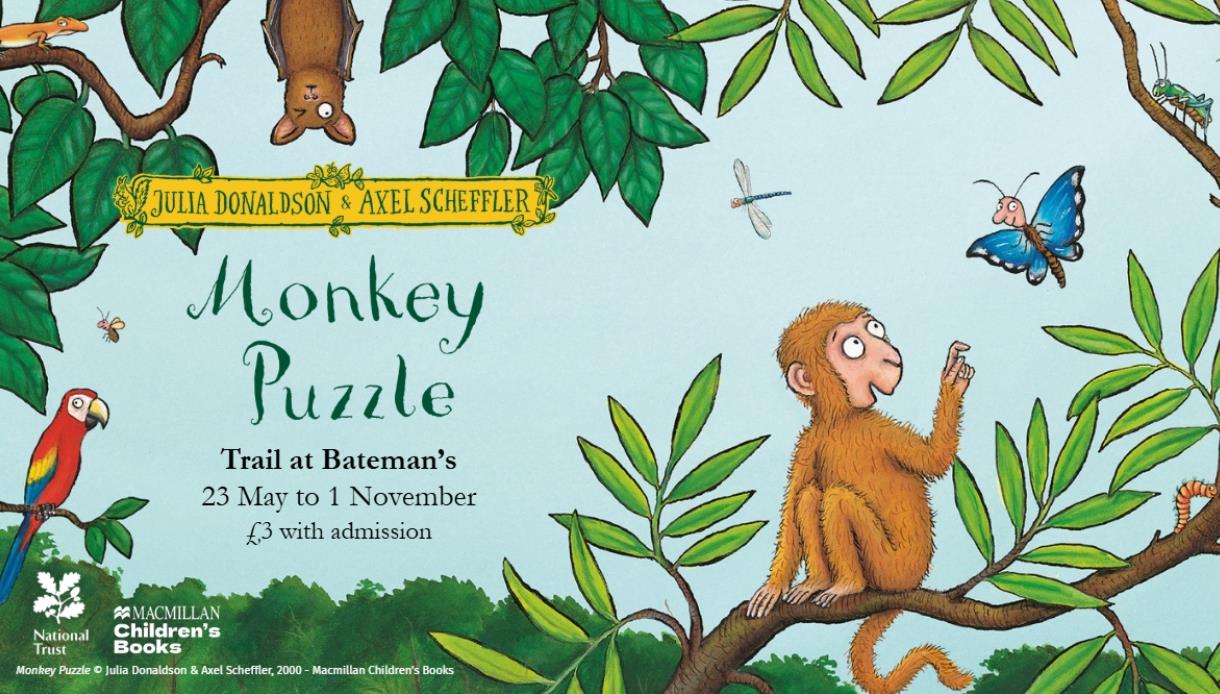 Illustrated poster for Monkey Puzzle trail at Bateman’s, showing a monkey in trees with text: 23 May to 1 November