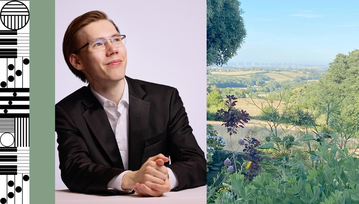 Poster for Summer Picnic Concert by Hastings International Piano, featuring pianist portrait and countryside garden view.