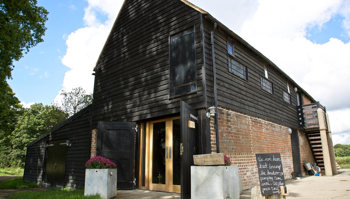 Cellar door at Oxney Organic Vineyard in Beckley, near Rye, East Sussex