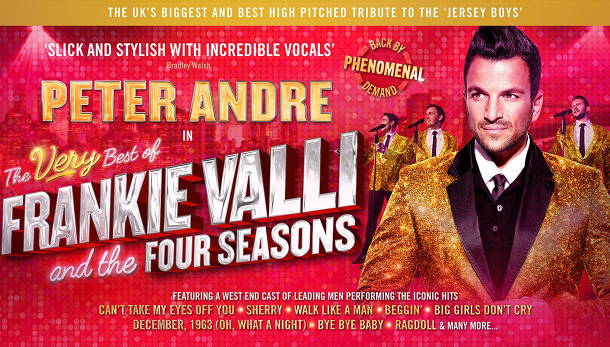 Promotional poster for "The Very Best of Frankie Valli and the Four Seasons" featuring Peter Andre in bold red and gold.