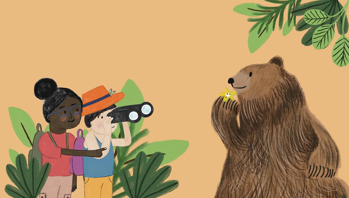 Illustration of two children spotting Baloo the bear holding a flower during Baloo’s Clues trail at Bateman’s