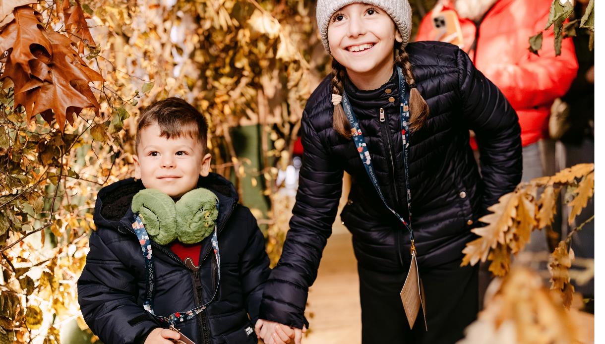 Children exploring a festive woodland Christmas trail at Bewl Water, surrounded by seasonal decorations and lights.