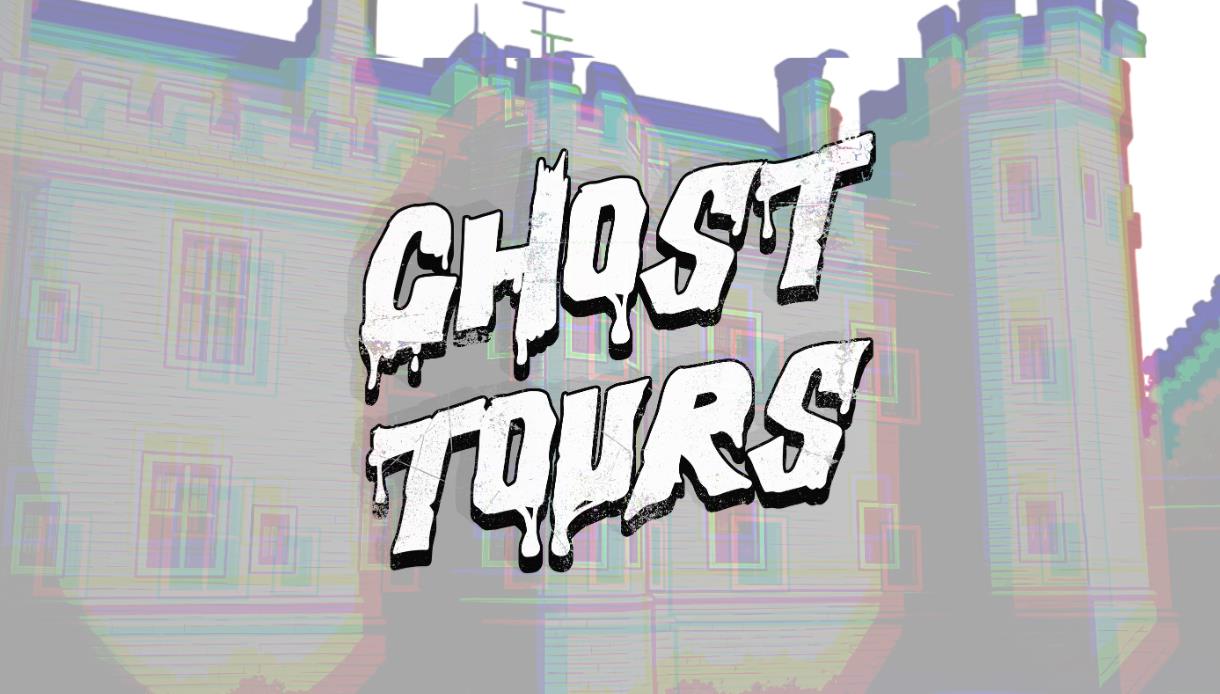 Ghost Tours poster featuring Herstmonceux Castle with glitch-effect artwork and dripping horror-style lettering.
