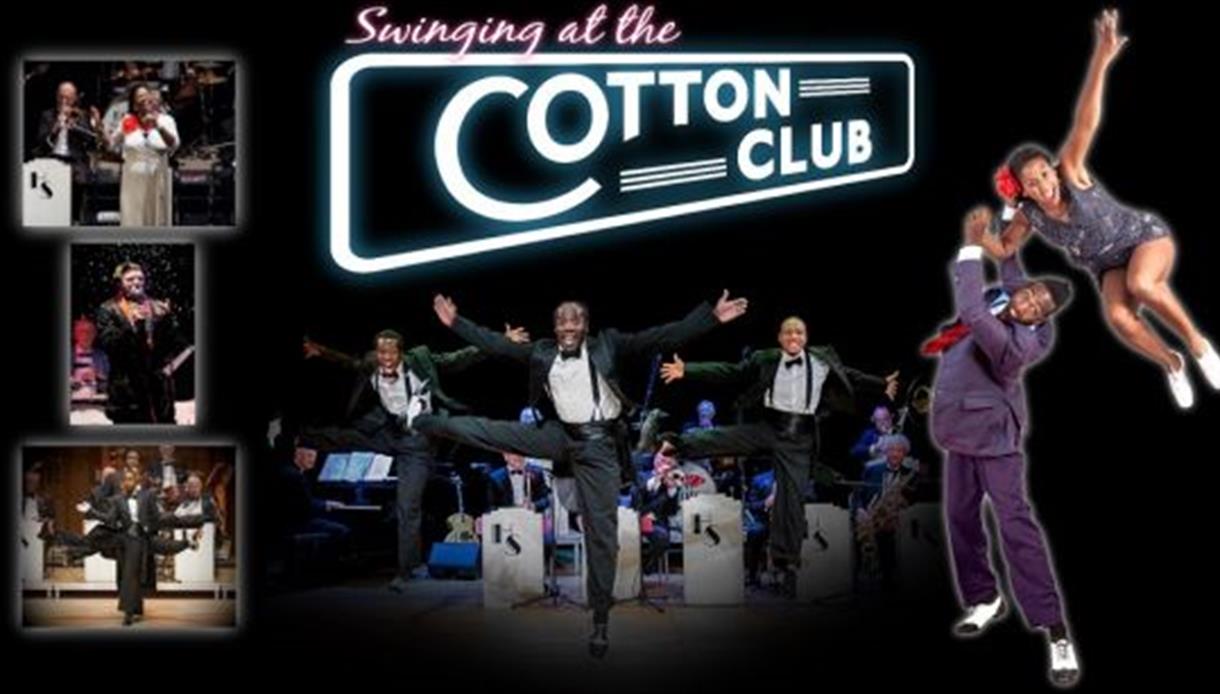 Poster for “Swinging at the Cotton Club” featuring dancers and musicians in energetic jazz and swing performances.